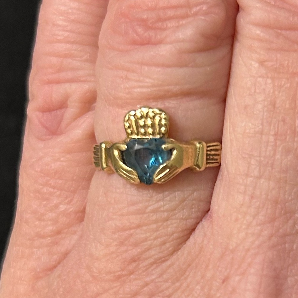 10K YG Heart Shaped Blue Topaz Claddagh Irish Engagement Wedding Gold